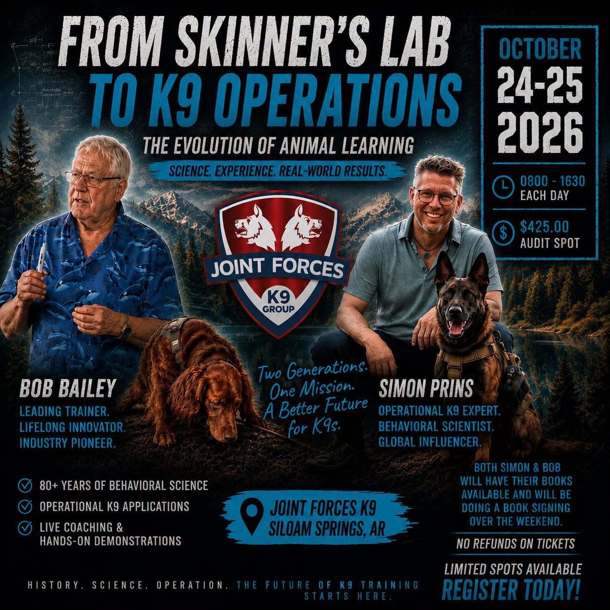 From Skinner's Lab to K9 Operations — Bob Bailey and Simon Prins workshop at Joint Forces K9, October 24-25 2026